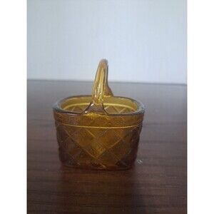 Vintage Indiana Glass Woven Pattern Amber Basket Trinket Holder